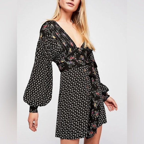 Free People Womens Wonderland Printed A-Line Mini Dress Color Black Size X-Small - Picture 2 of 14